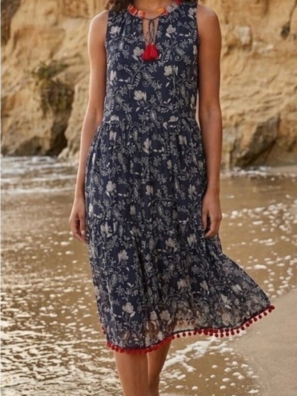 Johnny Was Jade Susila Silk Dress Red-Pom and Ruffle Trim